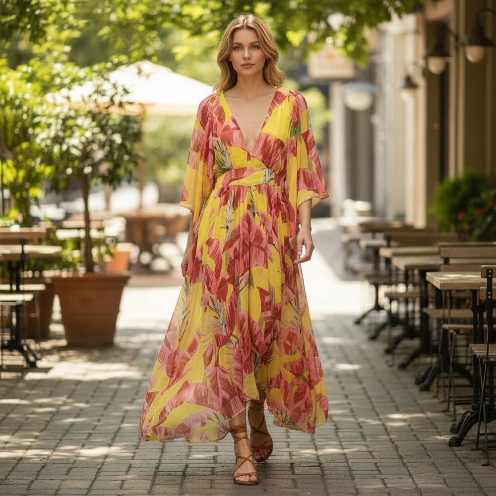FARM Rio Vibrant Yellow and Pink Floral Maxi Dress